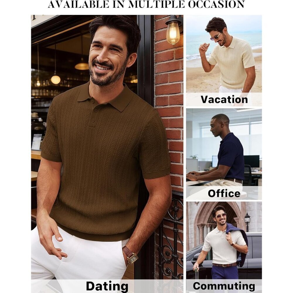 Men's Brown Short Sleeve Knit Casual Lightweight Textured Polo Stretch Shirts - Picture 3 of 6